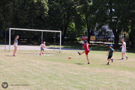 Kolorowe zdjęcie. Grupa dzieci gra w piłkę nożną na trawiastym boisku przy bramce.