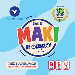 Okładka gry karcianej, stylizowany napis „Graj w MAKI na okrągło” na niebieskim tle.